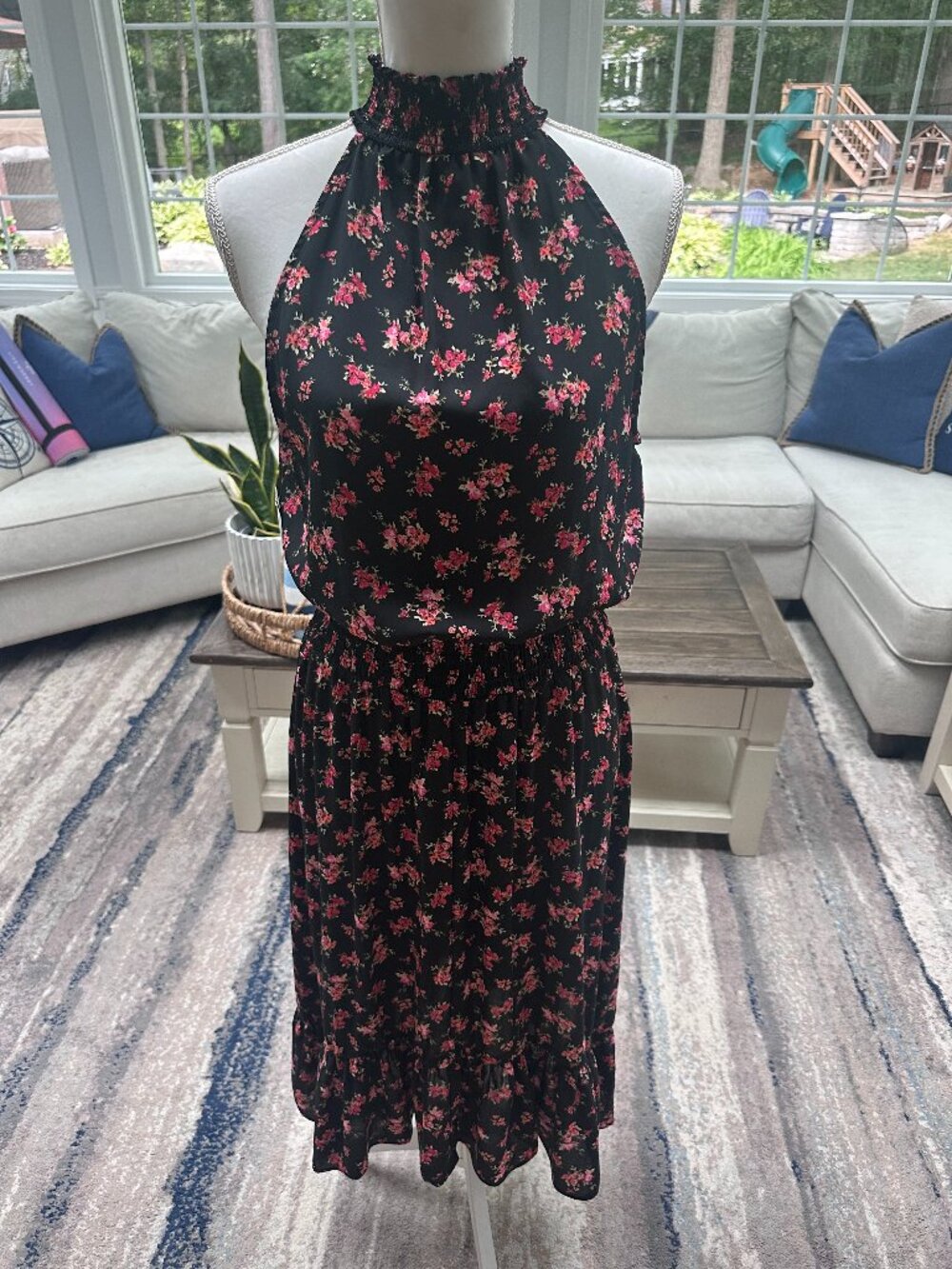 Macy's black sleeveless halter floral dress size L NWT's.